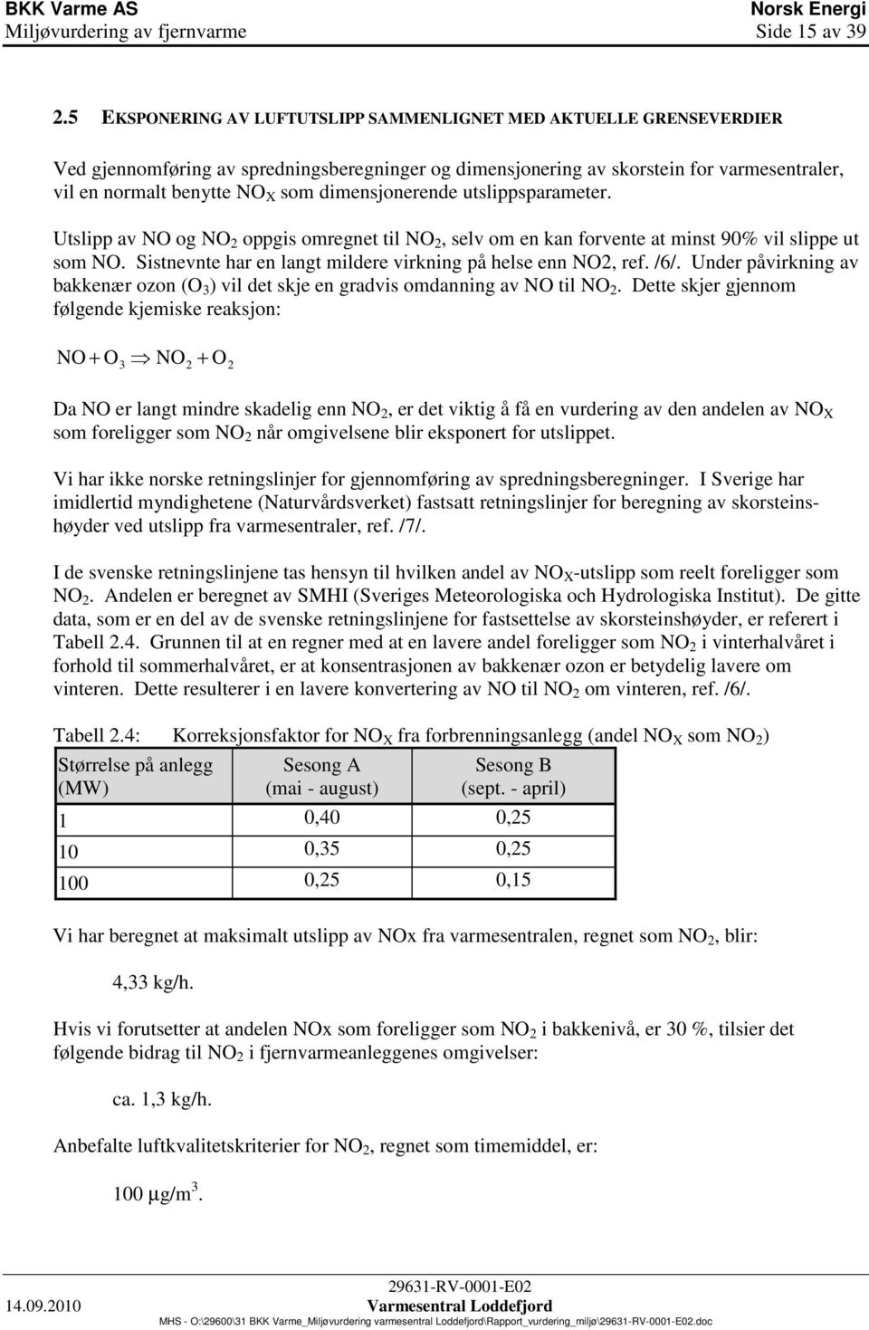 dimensjonerende utslippsparameter. Utslipp av NO og NO 2 oppgis omregnet til NO 2, selv om en kan forvente at minst 90% vil slippe ut som NO.