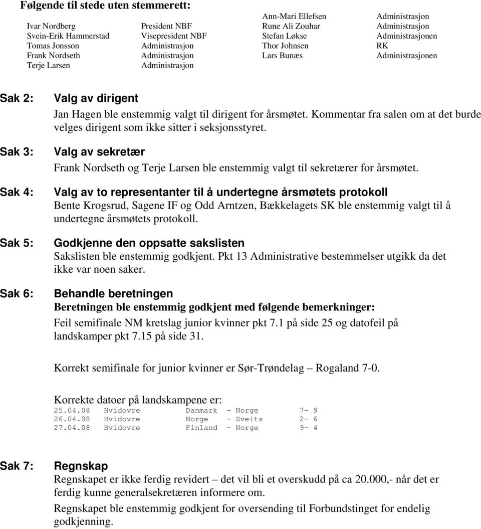 enstemmig valgt til dirigent for årsmøtet. Kommentar fra salen om at det burde velges dirigent som ikke sitter i seksjonsstyret.