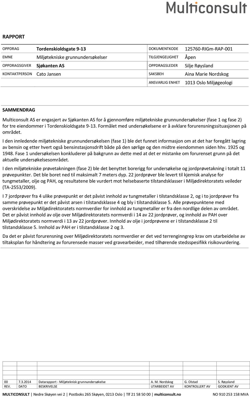 Tordenskioldsgate 9-13. Formålet med undersøkelsene er å avklare forurensningssituasjonen på området.