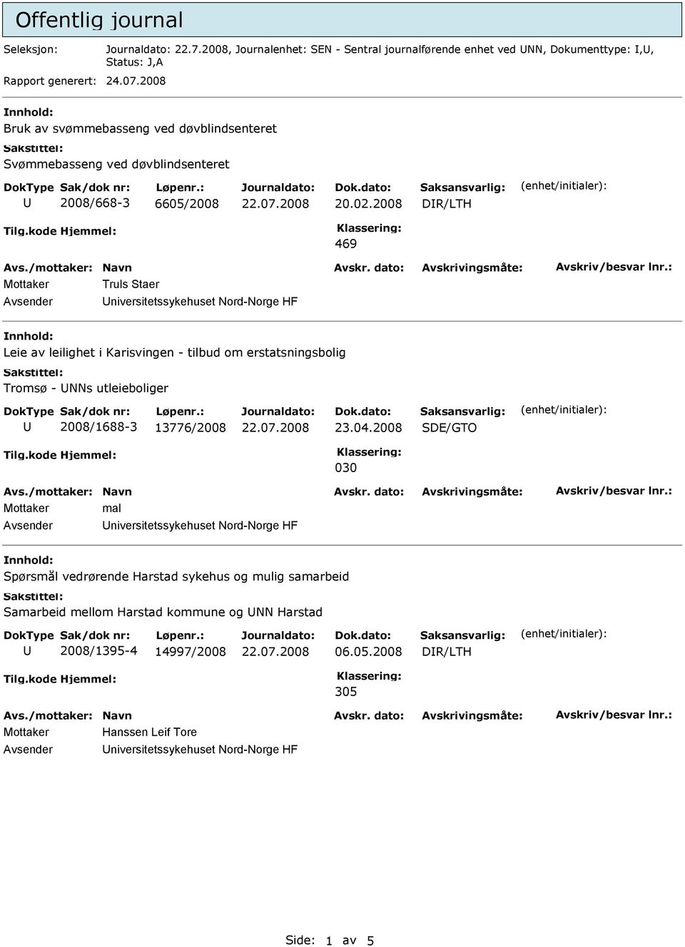 2008 DR/LTH 469 Mottaker Truls Staer niversitetssykehuset Nord-Norge HF nnhold: Leie av leilighet i Karisvingen - tilbud om erstatsningsbolig Tromsø - NNs utleieboliger 2008/1688-3