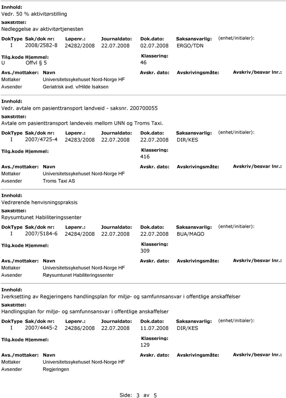 2007/4725-4 24283/2008 DR/KES 416 Troms Taxi AS nnhold: Vedrørende henvisningspraksis Røysumtunet Habiliteringssenter 2007/5184-6 24284/2008 BA/MAGO 309 Røysumtunet