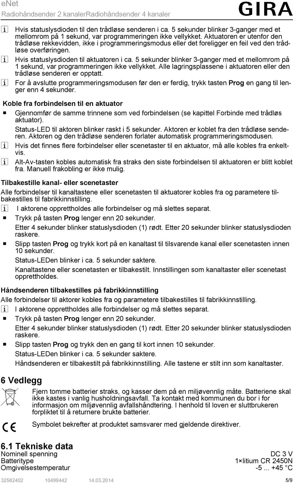 5 sekunder blnker 3-ganger med et mellomrom på 1 sekund, var programmerngen kke vellykket. Alle lagrngsplassene aktuatoren eller den trådløse senderen er opptatt.