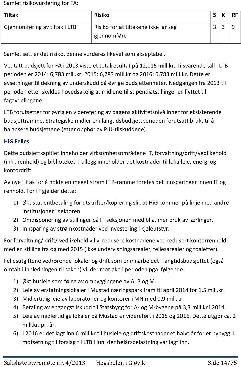 Tilsvarende tall i LTB perioden er 2014: 6,783 mill.kr, 2015: 6,783 mill.kr og 2016: 6,783 mill.kr. Dette er avsetninger til dekning av underskudd på øvrige budsjettenheter.