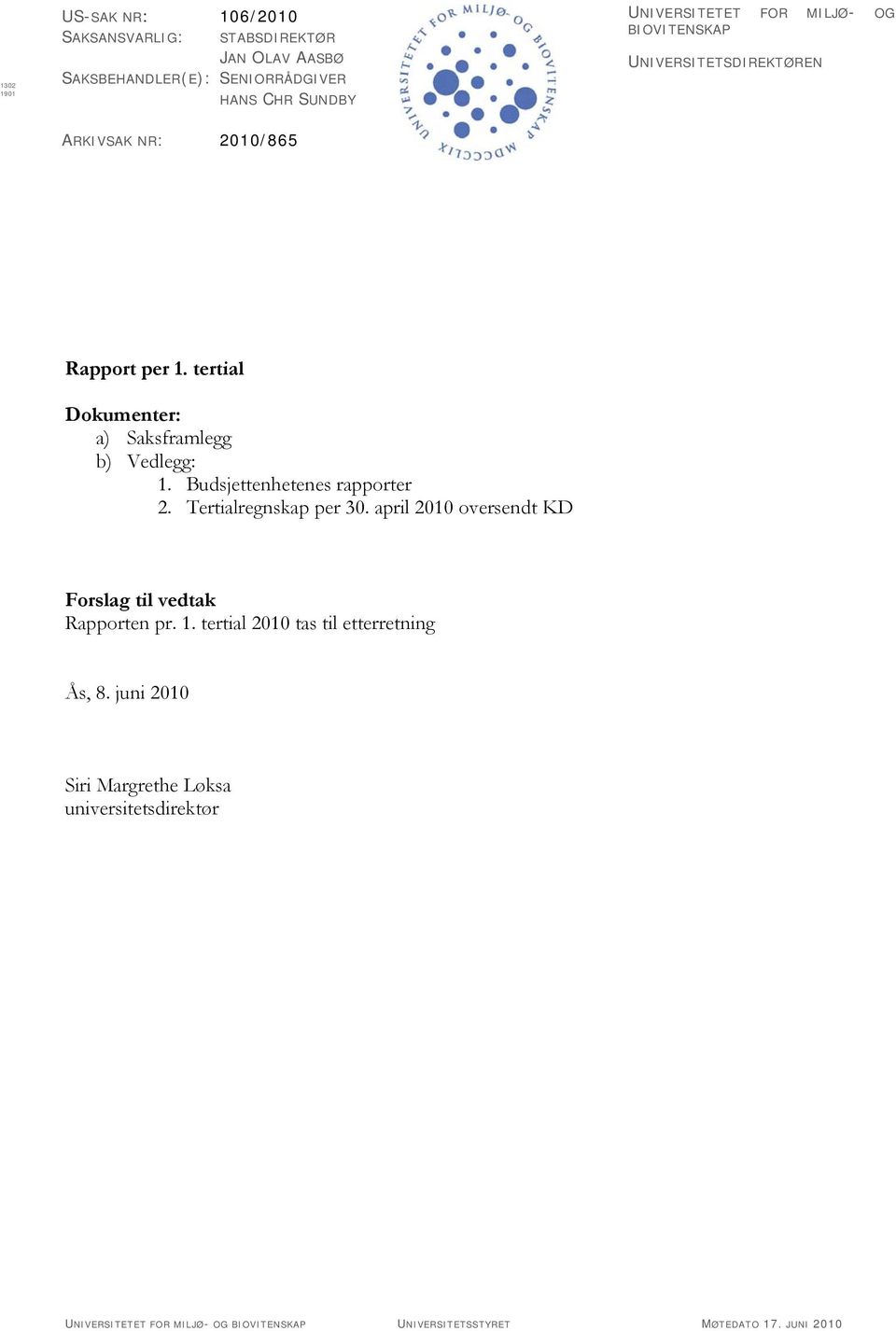 Budsjettenhetenes rapporter 2. Tertialregnskap per 30. april 2010 oversendt KD Forslag til vedtak Rapporten pr. 1.