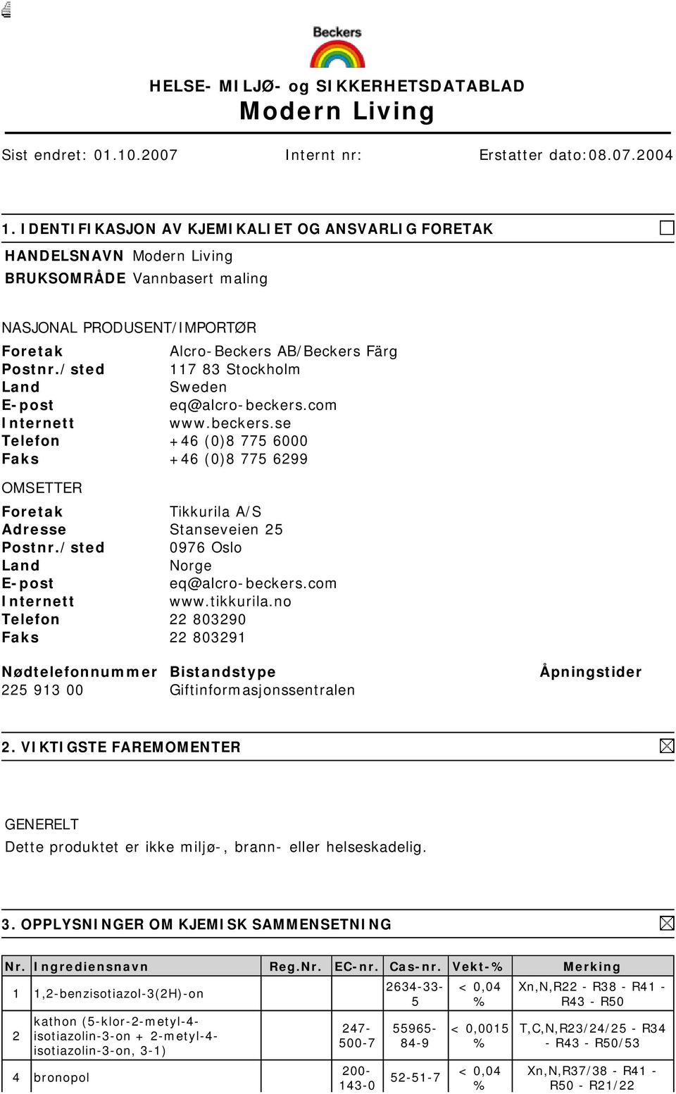 /sted 117 83 Stockholm Land Sweden E-post eq@alcro-beckers.com Internett www.beckers.se Telefon +46 (0)8 775 6000 Faks +46 (0)8 775 6299 OMSETTER Foretak Tikkurila A/S Adresse Stanseveien 25 Postnr.