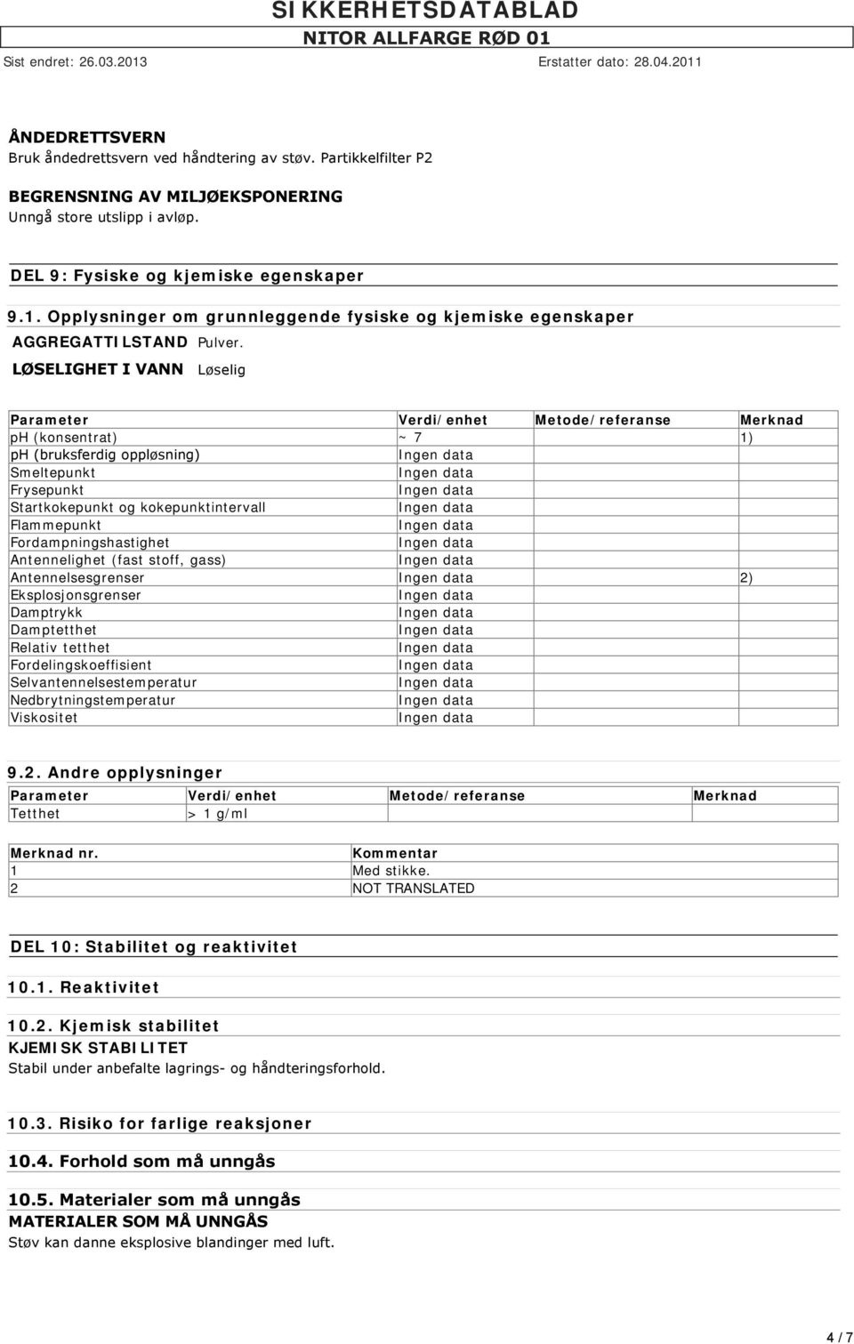 LØSELIGHET I VANN Løselig Parameter Verdi/enhet Metode/referanse Merknad ph (konsentrat) ~ 7 1) ph (bruksferdig oppløsning) Smeltepunkt Frysepunkt Startkokepunkt og kokepunktintervall Flammepunkt