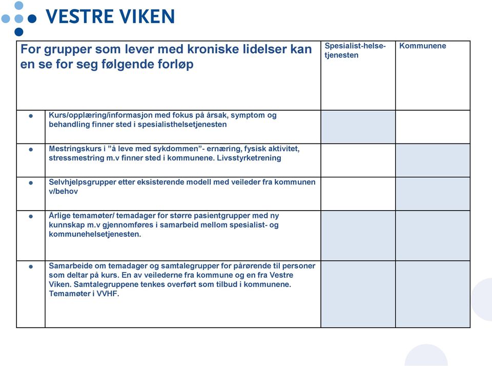 Livsstyrketrening Selvhjelpsgrupper etter eksisterende modell med veileder fra kommunen v/behov Årlige temamøter/ temadager for større pasientgrupper med ny kunnskap m.