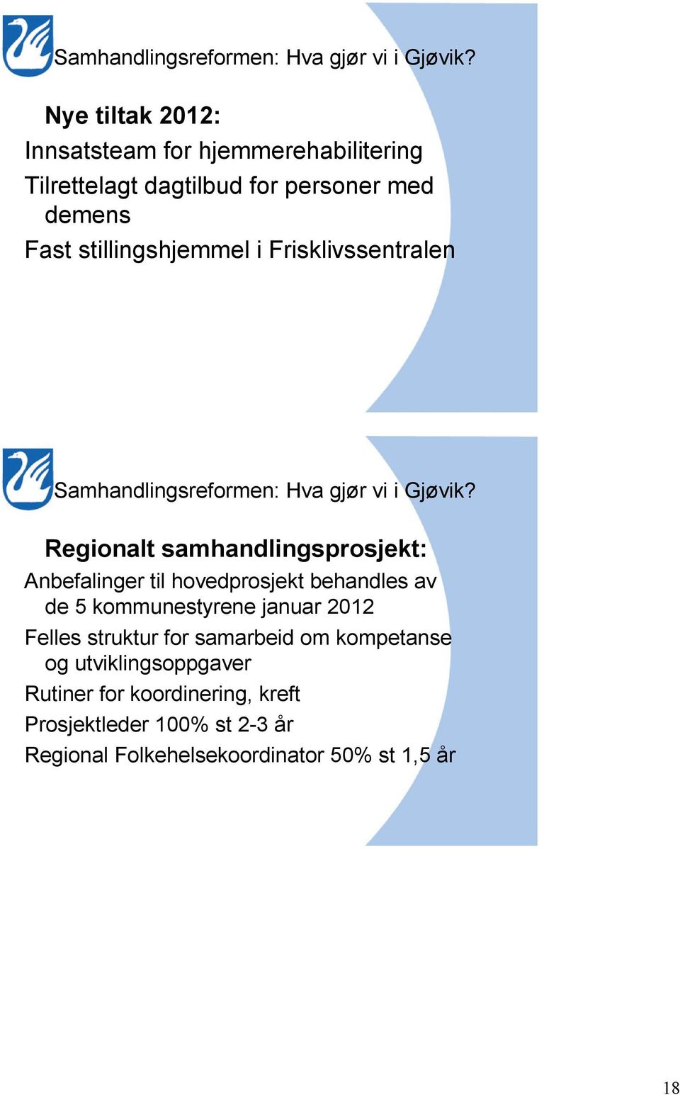 Frisklivssentralen  Regionalt samhandlingsprosjekt: Anbefalinger til hovedprosjekt behandles av de 5 kommunestyrene januar 2012