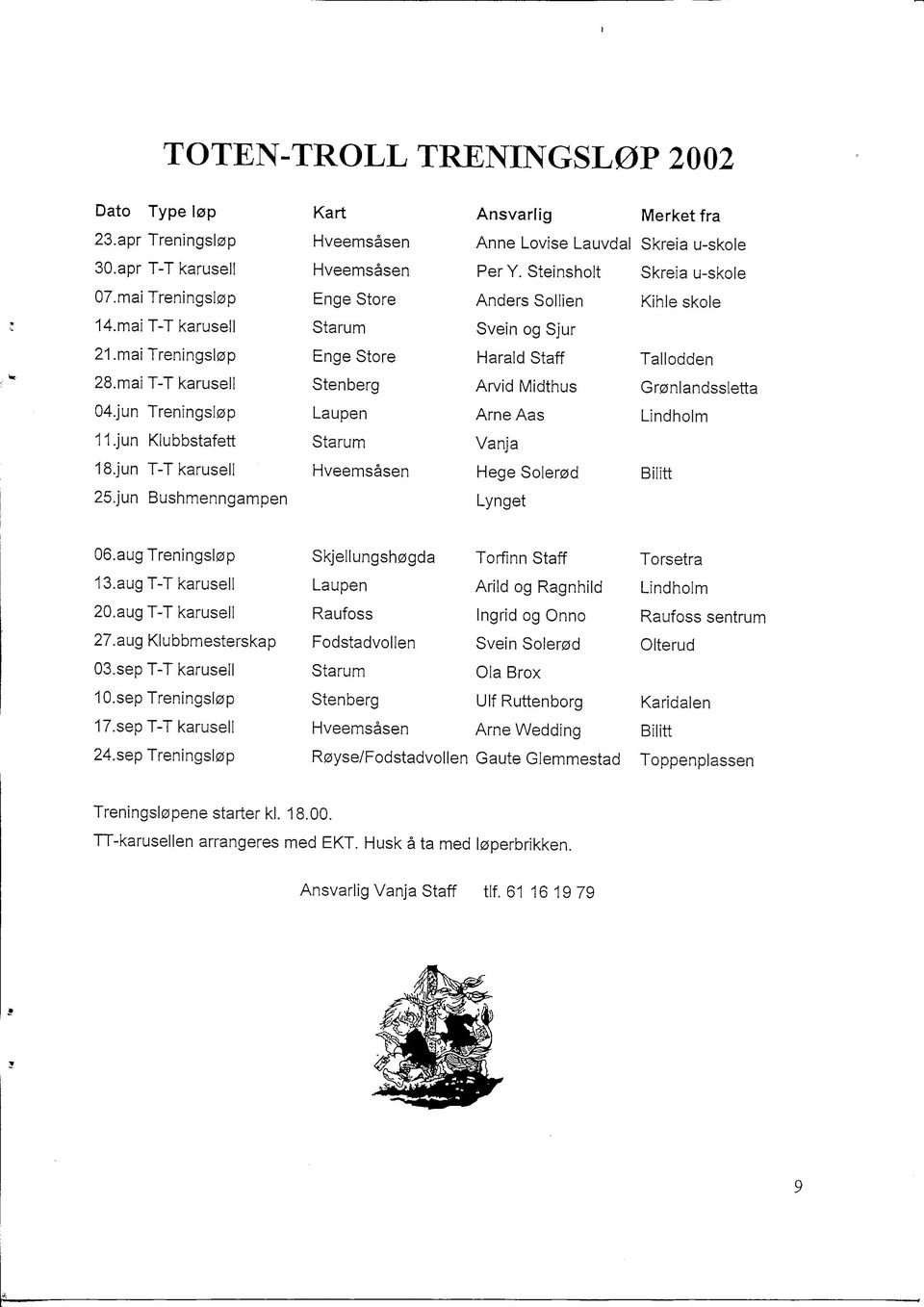 mai T-T karusell Stenberg Arvid Midthus Granlandssletta 04.jun Treningslap Laupen Ame Aas Lindholm 11.jun Klubbstafett Starum Vanja 18.jun T-T karusell Hveemsasen Hege Solerad Bilitt 25.