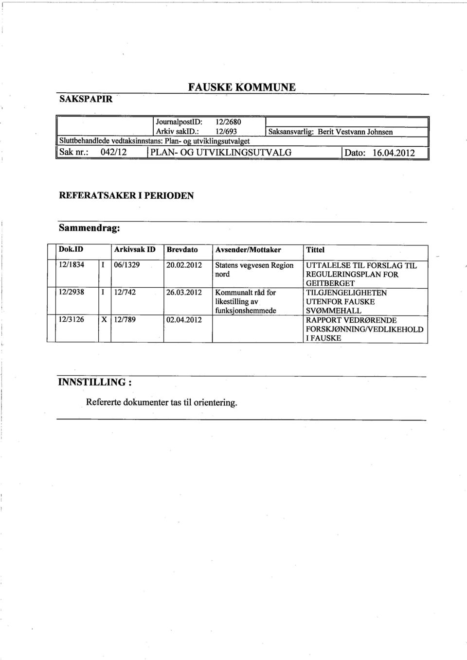 ID ArkivsakID Brevdato AvsenderlMottaker Tittel 12/1834 I 06/1329 20.02.2012 Statens vegvesen Region UTTALELSE TIL FORSLAG TIL nord REGULERIGSPLAN FOR GEITBERGET 12/2938 I 12/742 26.03.