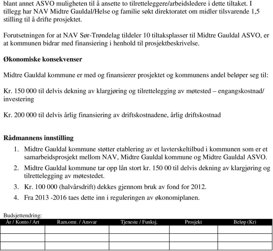 Forutsetningen for at NAV Sør-Trøndelag tildeler 10 tiltaksplasser til Midtre Gauldal ASVO, er at kommunen bidrar med finansiering i henhold til prosjektbeskrivelse.