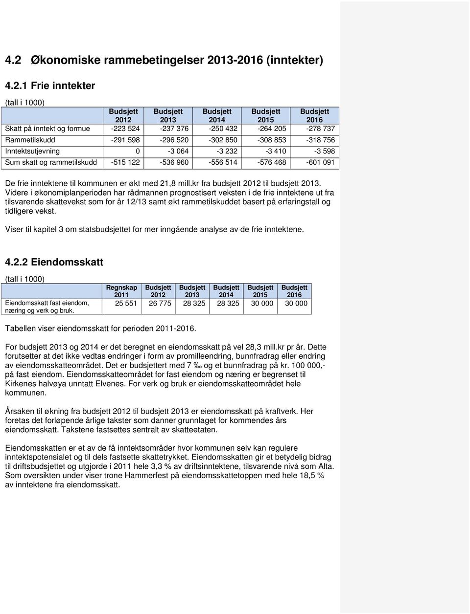 Videre i økonomiplanperioden har rådmannen prognostisert veksten i de frie inntektene ut fra tilsvarende skattevekst som for år 12/13 samt økt rammetilskuddet basert på erfaringstall og tidligere