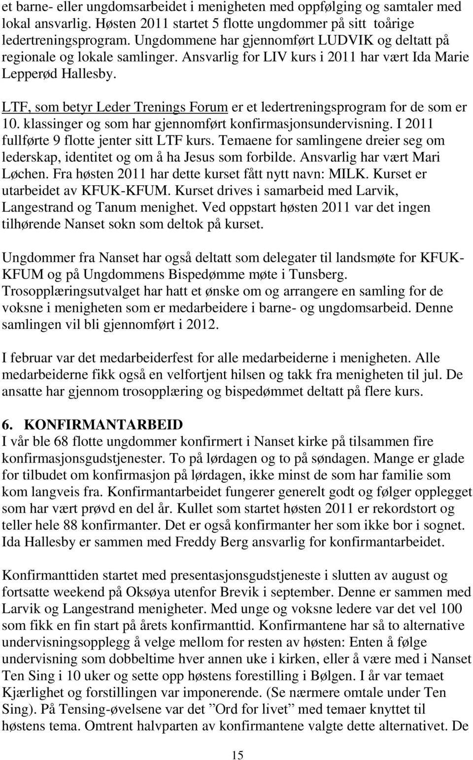 LTF, som betyr Leder Trenings Forum er et ledertreningsprogram for de som er 10. klassinger og som har gjennomført konfirmasjonsundervisning. I 2011 fullførte 9 flotte jenter sitt LTF kurs.