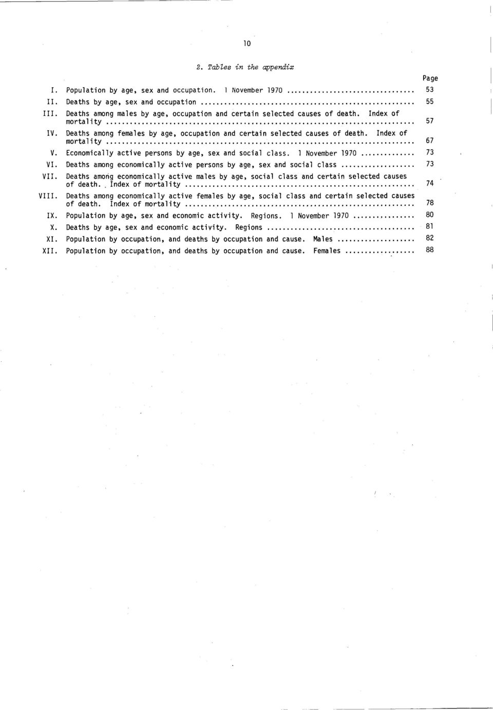 Index of mortality 67 V. Economically active persons by age, sex and social class. 1 November 1970 73 VI. Deaths among economically active persons by age, sex and social class 73 VII. VIII.