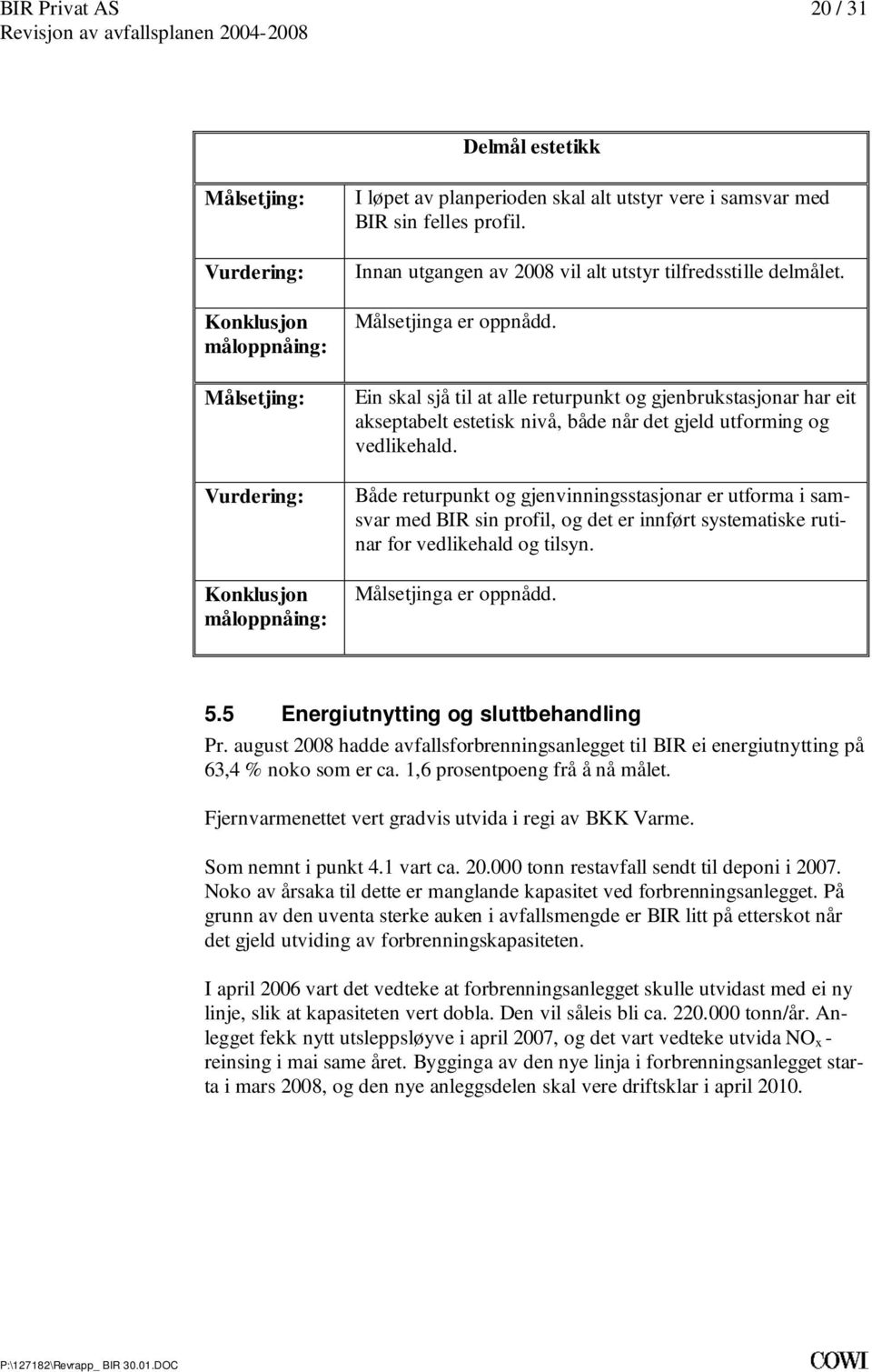 er utforma i samsvar med BIR sin profil, og det er innført systematiske rutinar for vedlikehald og tilsyn Målsetjinga er oppnådd 55 Energiutnytting og sluttbehandling Pr august 2008 hadde