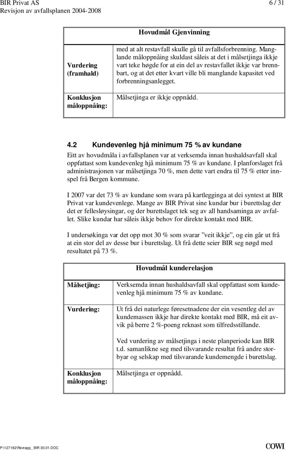 hovudmåla i avfallsplanen var at verksemda innan hushaldsavfall skal oppfattast som kundevenleg hjå minimum 75 % av kundane I planforslaget frå administrasjonen var målsetjinga 70 %, men dette vart