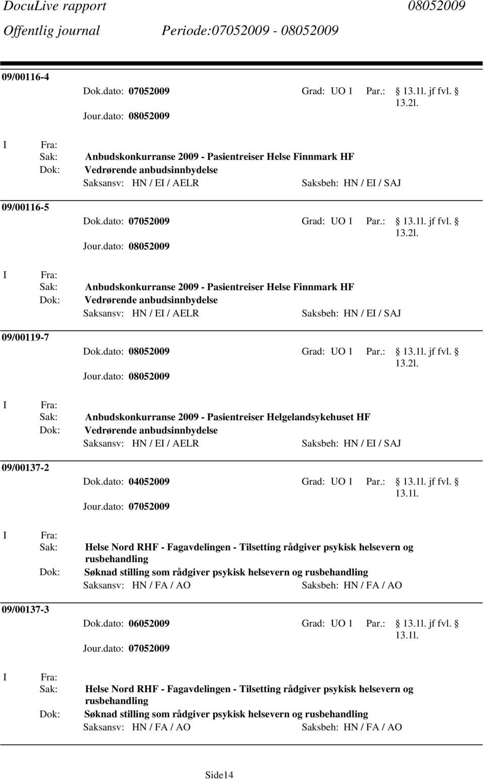 Anbudskonkurranse 2009 - Pasientreiser Helse Finnmark HF Vedrørende anbudsinnbydelse Saksansv: HN / E / AELR Saksbeh: HN / E / SAJ 09/00119-7 Dok.dato: 08052009 Grad: UO 1 Par.: jf fvl. 13.2l.