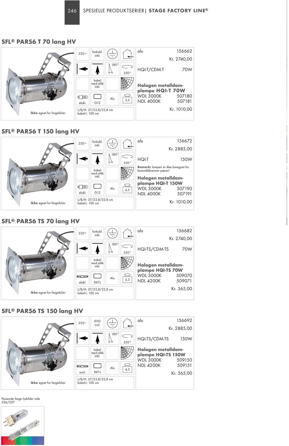 1010,00 SFL PAR56 T 150 lang HV ikke egnet for fargefolier forkobl. kabel med stikk G12 kabel-l: 100 cm 4,5 alu 156672 HQI-T Kr. 2885,00 150W Bemerk: lampen er ikke beregnet for keramikkbrenner pærer!