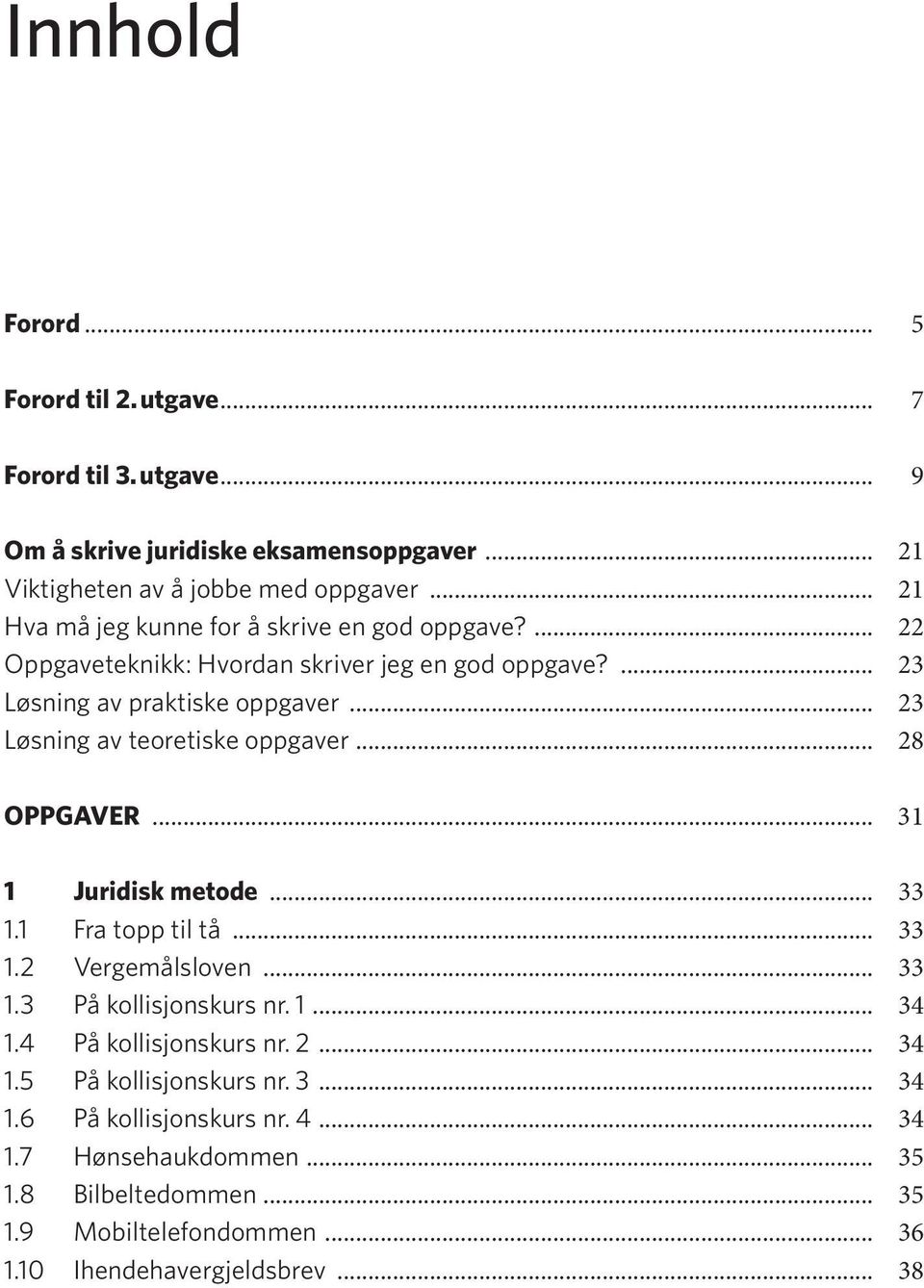 .. 23 Løsning av teoretiske oppgaver... 28 OPPGAVER... 31 1 Juridisk metode... 33 1.1 Fra topp til tå... 33 1.2 Vergemålsloven... 33 1.3 På kollisjonskurs nr. 1... 34 1.