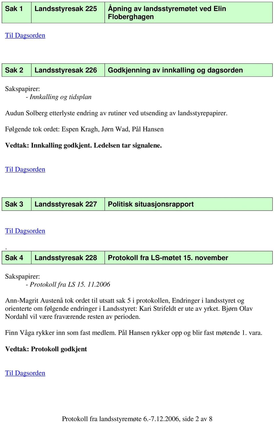 Sak 3 Landsstyresak 227 Politisk situasjonsrapport. Sak 4 Landsstyresak 228 Protokoll fra LS-møtet 15. november - Protokoll fra LS 15. 11.