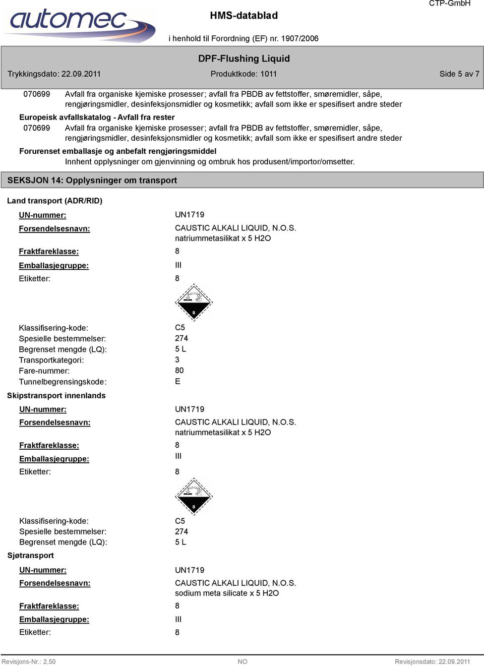 kosmetikk; avfall som ikke er spesifisert andre steder Forurenset emballasje og anbefalt rengjøringsmiddel Innhent opplysninger om gjenvinning og ombruk hos produsent/importor/omsetter.