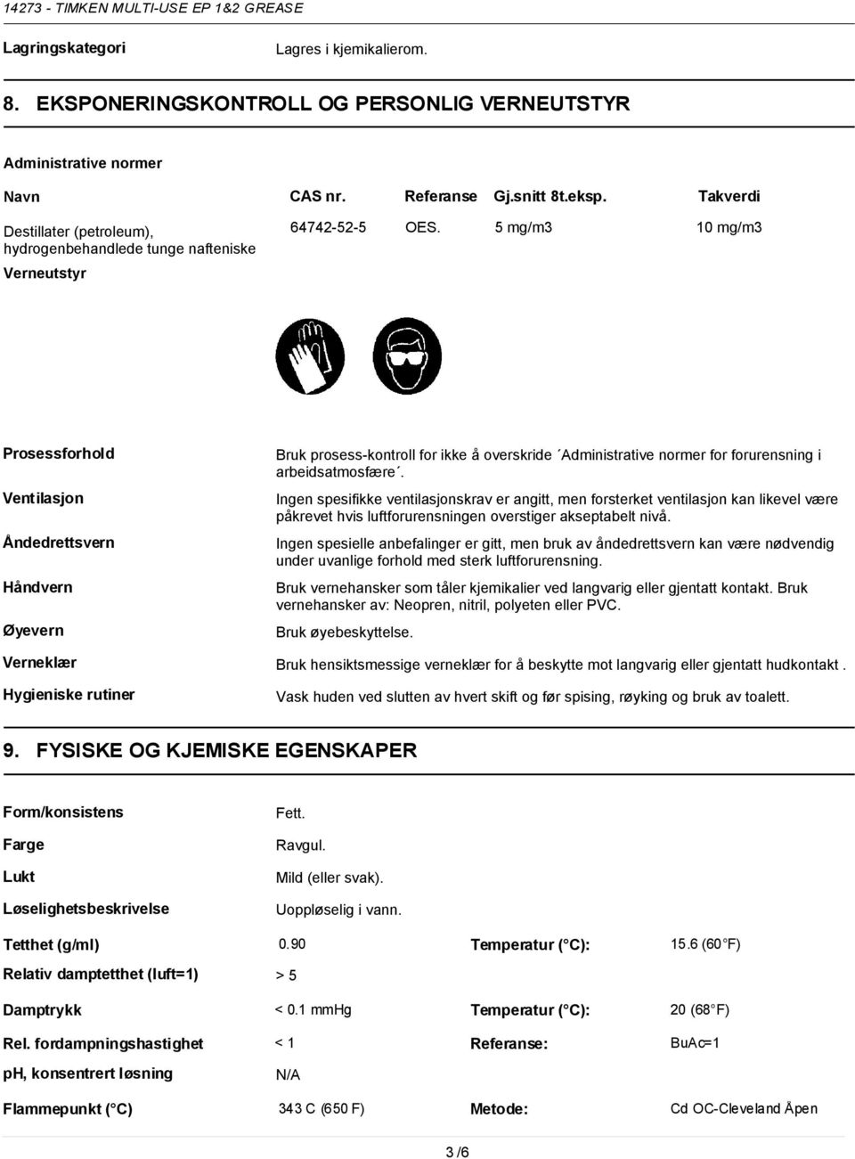 5 mg/m3 10 mg/m3 Prosessforhold Ventilasjon Åndedrettsvern Håndvern Øyevern Bruk prosess-kontroll for ikke å overskride Administrative normer for forurensning i arbeidsatmosfære.