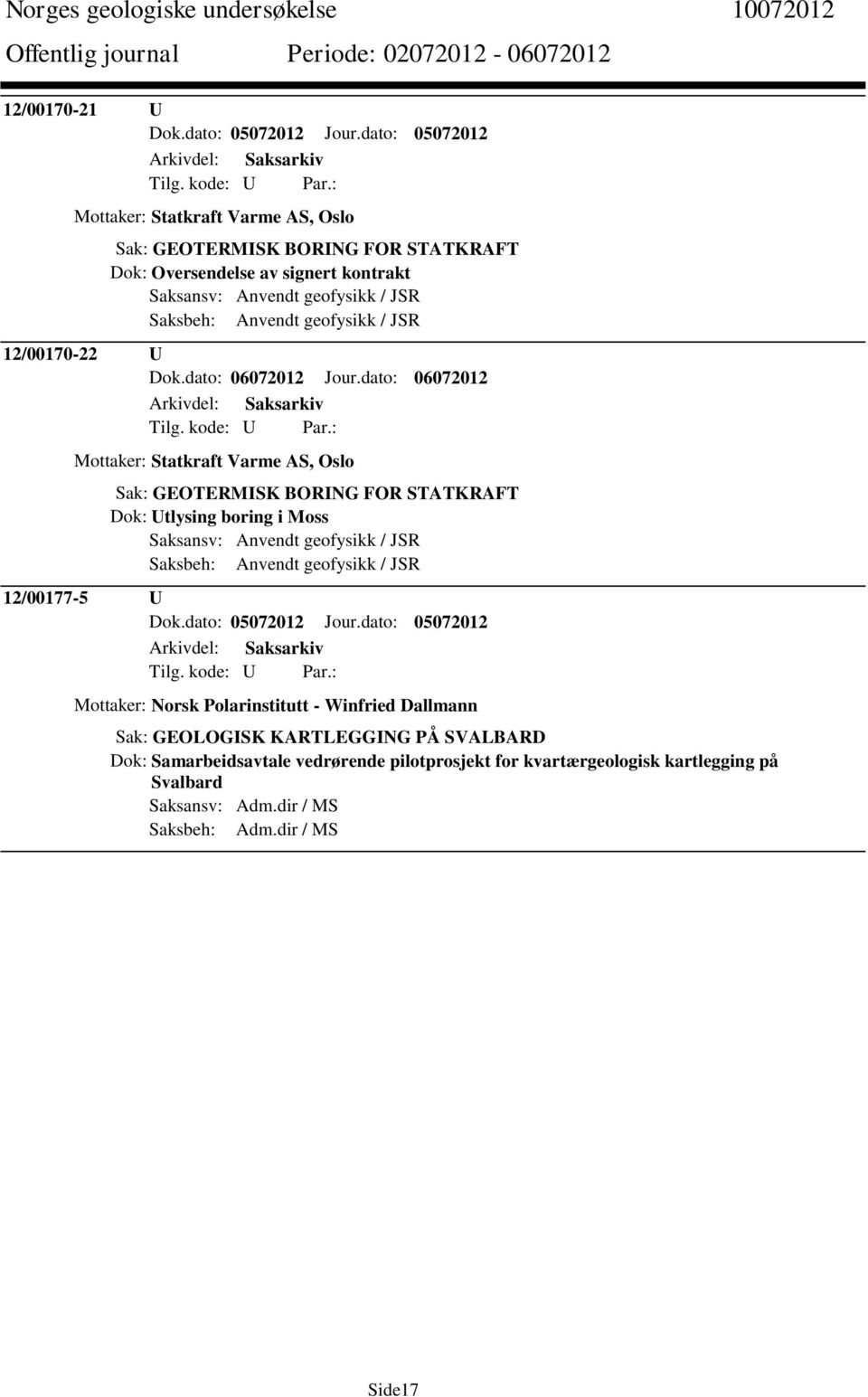 dato: 06072012 Mottaker: Statkraft Varme AS, Oslo Dok: Utlysing boring i Moss 12/00177-5 U Dok.dato: 05072012 Jour.