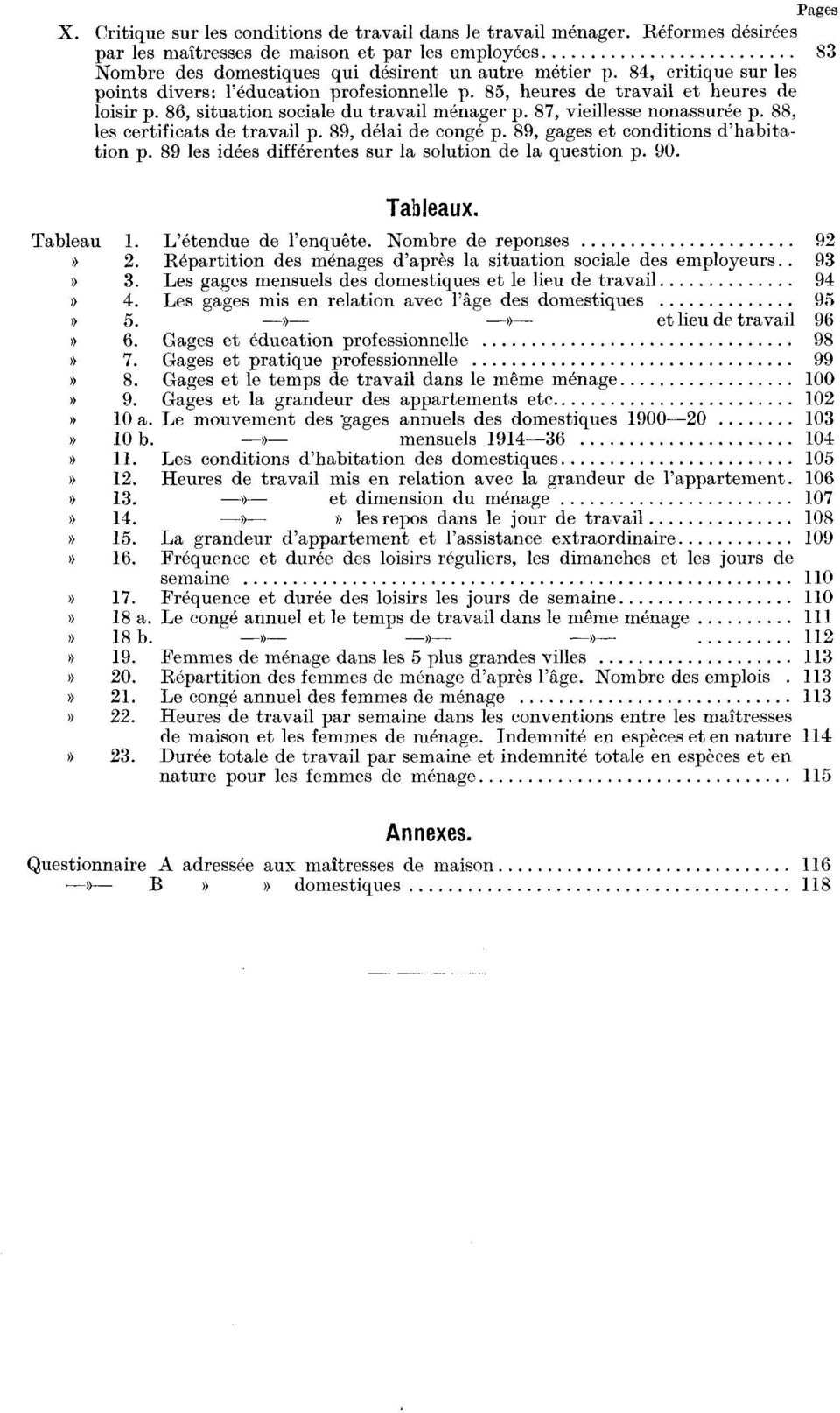 88, les certificats de travail p. 89, délai de congé p. 89, gages et conditions d'habitation p. 89 les idées différentes sur la solution de la question p. 90. Tableaux. Tableau 1.