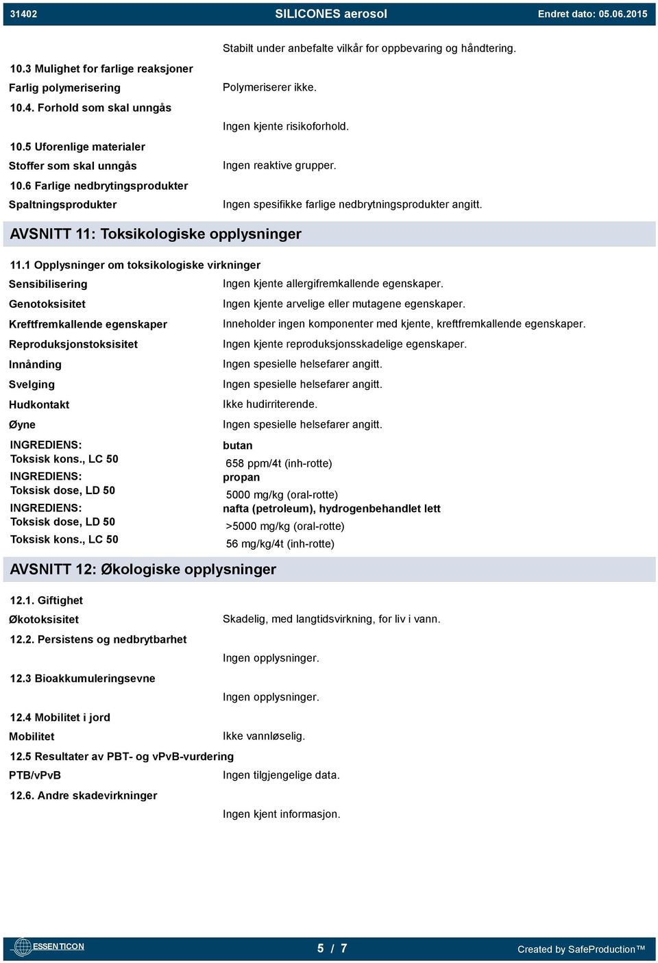 Ingen spesifikke farlige nedbrytningsprodukter angitt. AVSNITT 11: Toksikologiske opplysninger 11.