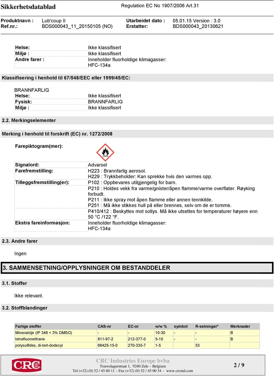 1272/2008 Farepiktogram(mer): Signalord: Farefremstilling: Tilleggsfremstilling(er): Ekstra fareinformasjon: Advarsel H223 : Brannfarlig aerosol. H229 : Trykkbeholder: Kan sprekke hvis den varmes opp.