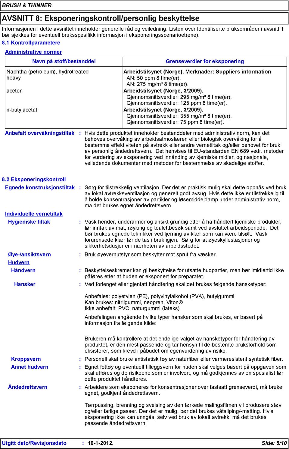 1 Kontrollparametere Administrative normer Navn på stoff/bestanddel Naphtha (petroleum), hydrotreated heavy Grenseverdier for eksponering Arbeidstilsynet (Norge).