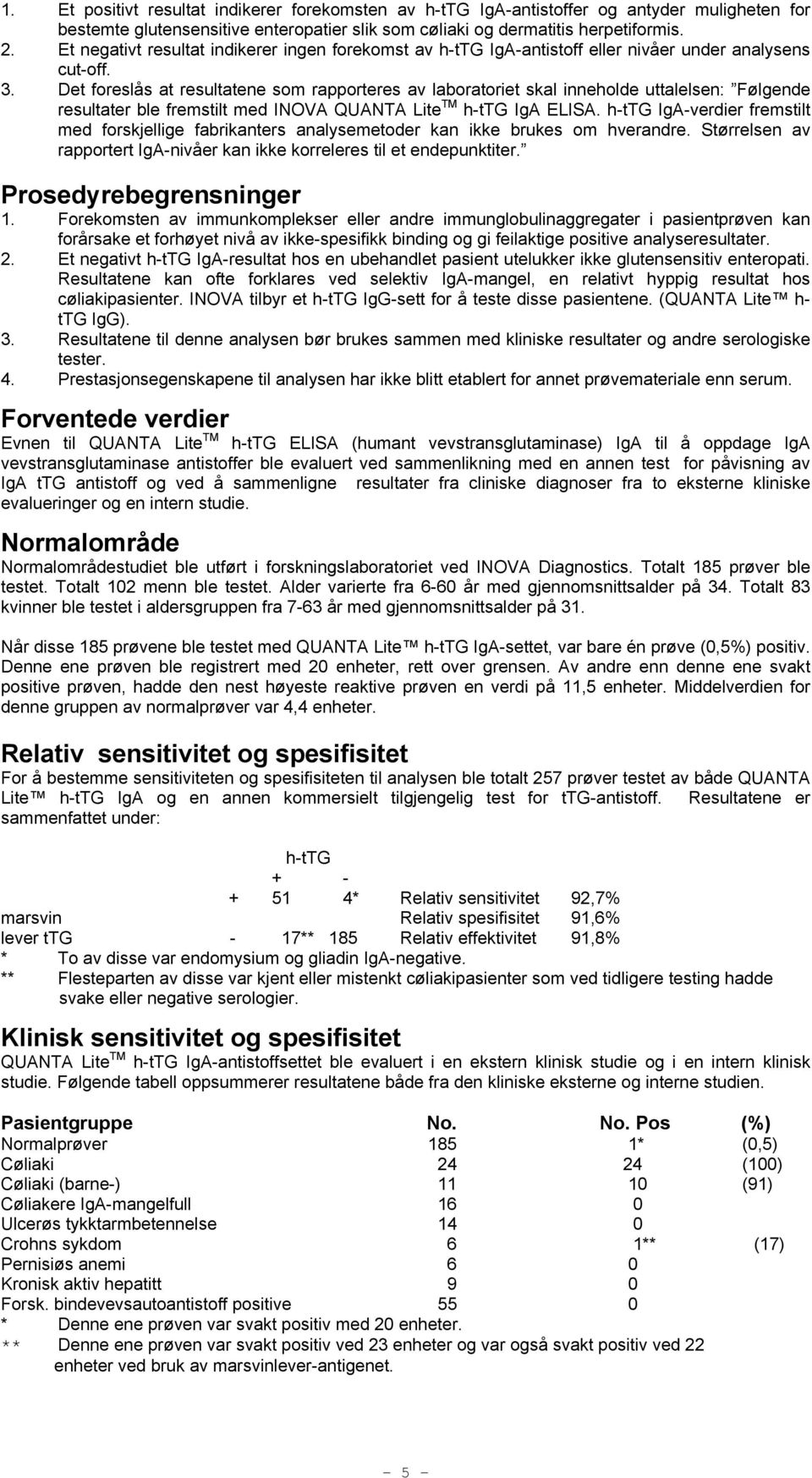 Det foreslås at resultatene som rapporteres av laboratoriet skal inneholde uttalelsen: Følgende resultater ble fremstilt med INOVA QUANTA Lite TM h-ttg IgA ELISA.