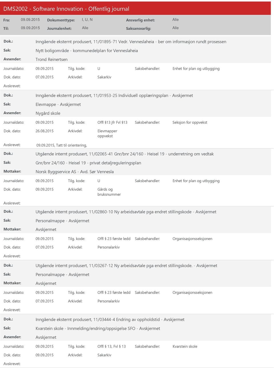 2015 Elevmapper oppvekst, Tatt til orientering, tgående internt produsert, 11/02065-41 Gnr/bnr 24/160 - Heisel 19 - underretning om vedtak Gnr/bnr 24/160 - Heisel 19 - privat detaljreguleringsplan