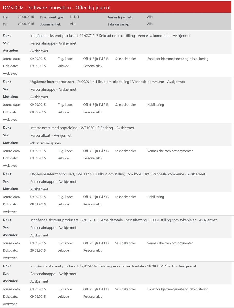 12/01123-10 Tilbud om stilling som konsulent i Vennesla kommune - Personalmappe - Habilitering Inngående eksternt produsert, 12/01670-21 Arbeidsavtale - fast tilsetting i 100 %