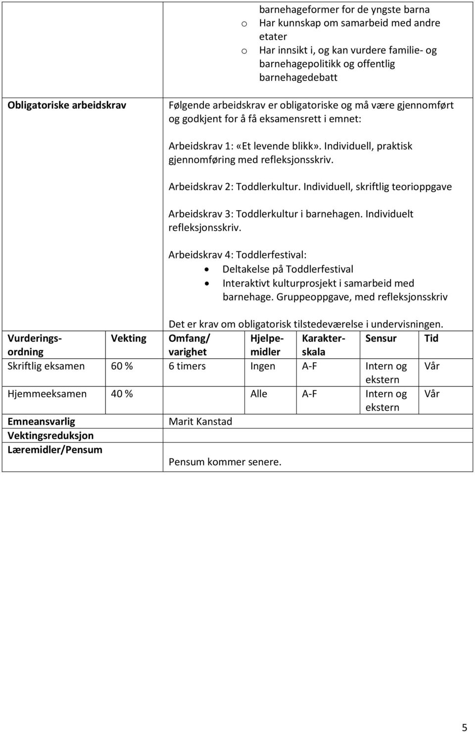 Arbeidskrav 2: Toddlerkultur. Individuell, skriftlig teorioppgave Arbeidskrav 3: Toddlerkultur i barnehagen. Individuelt refleksjonsskriv.