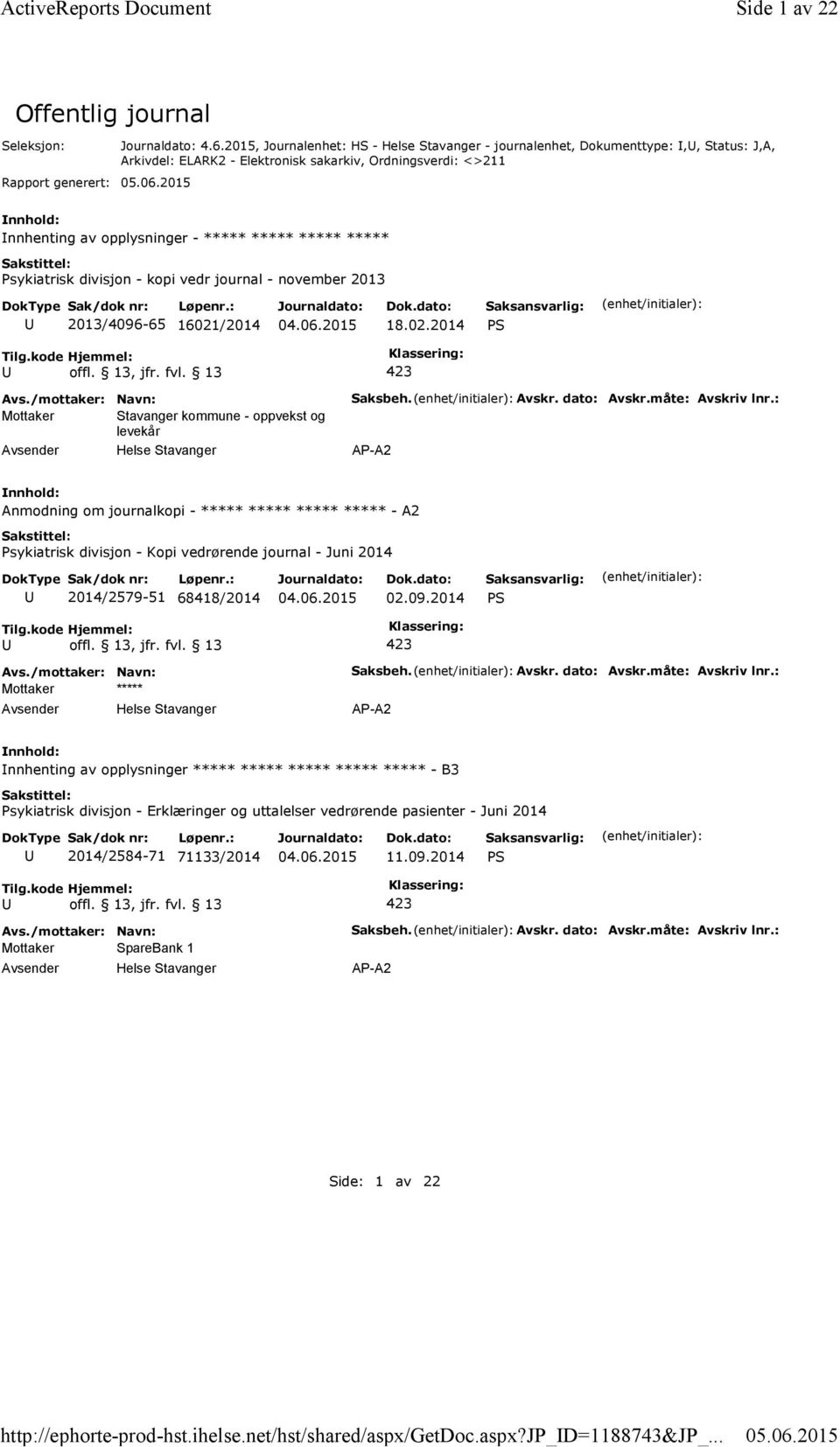 Psykiatrisk divisjon - kopi vedr journal - november 2013 2013/4096-65 16021/2014 18.02.2014 PS Mottaker Stavanger kommune -oppvekst og levekår Saksbeh. Avskr. dato: Avskr.måte: Avskriv lnr.