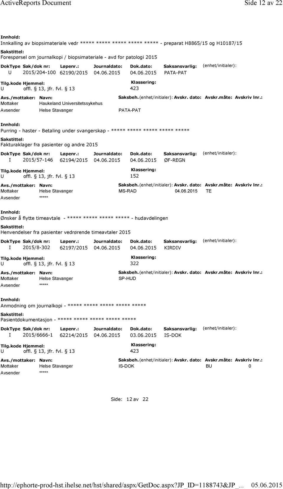 62190/2015 Mottaker Haukeland niversitetssykehus Saksbeh. Avskr. dato: Avskr.måte: Avskriv lnr.