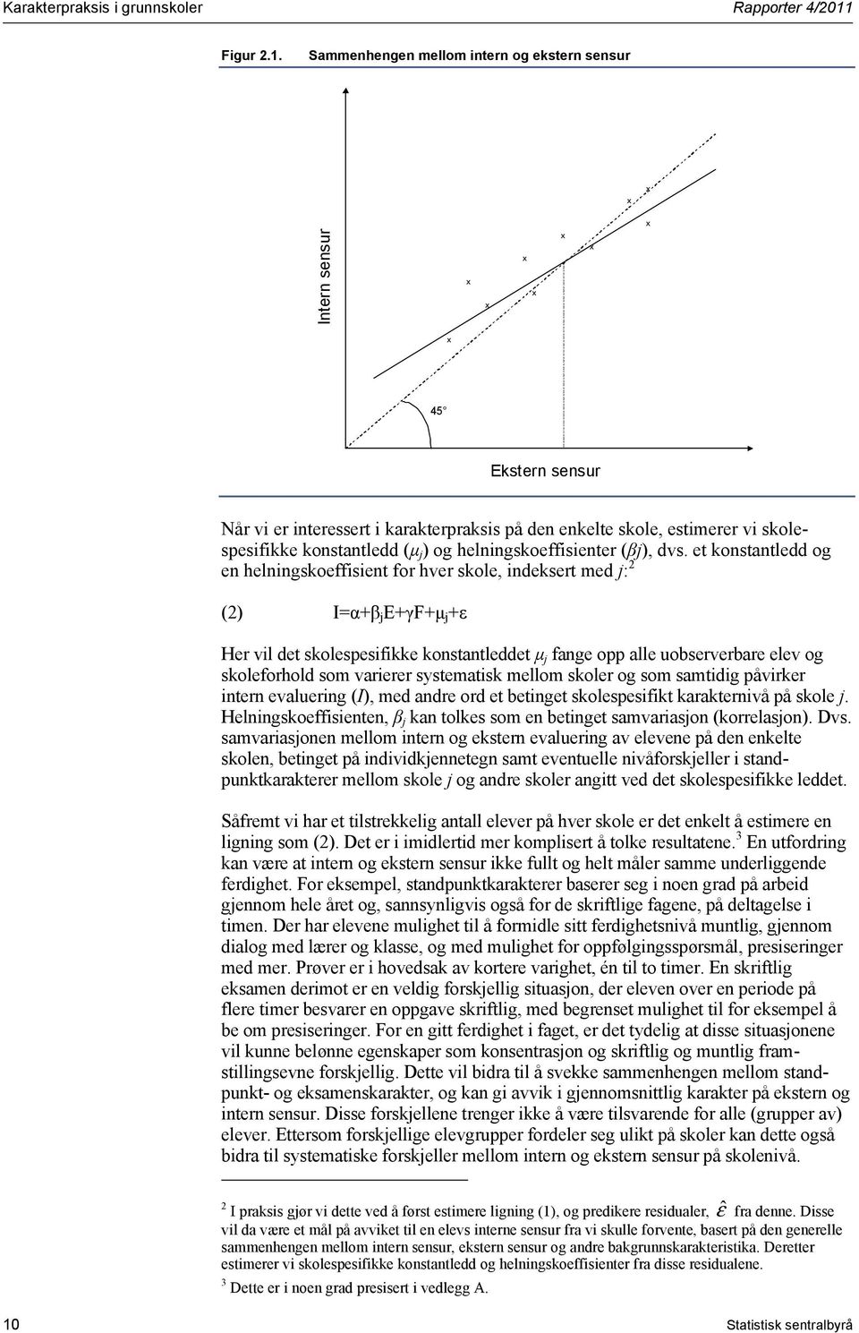 Sammenhengen mellom intern og ekstern sensur Intern sensur 45 Ekstern sensur Når vi er interessert i karakterpraksis på den enkelte skole, estimerer vi skolespesifikke konstantledd (μ j ) og