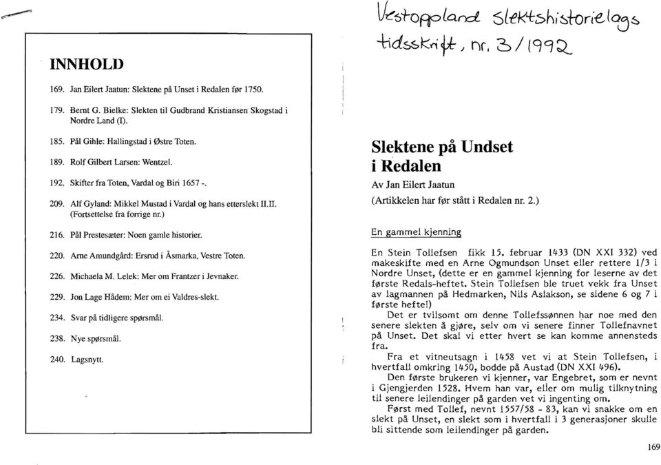 Alf Gyland: Mikkel Mustad i Vardal og hans etterslekt ILll. (Fortsettelse fra forrige nr.) 216. Pål Prestesæter: Noen gamle historier. 220. Arne Amundgård: Ersrud i Åsmarka, Vestre Toten. 226.