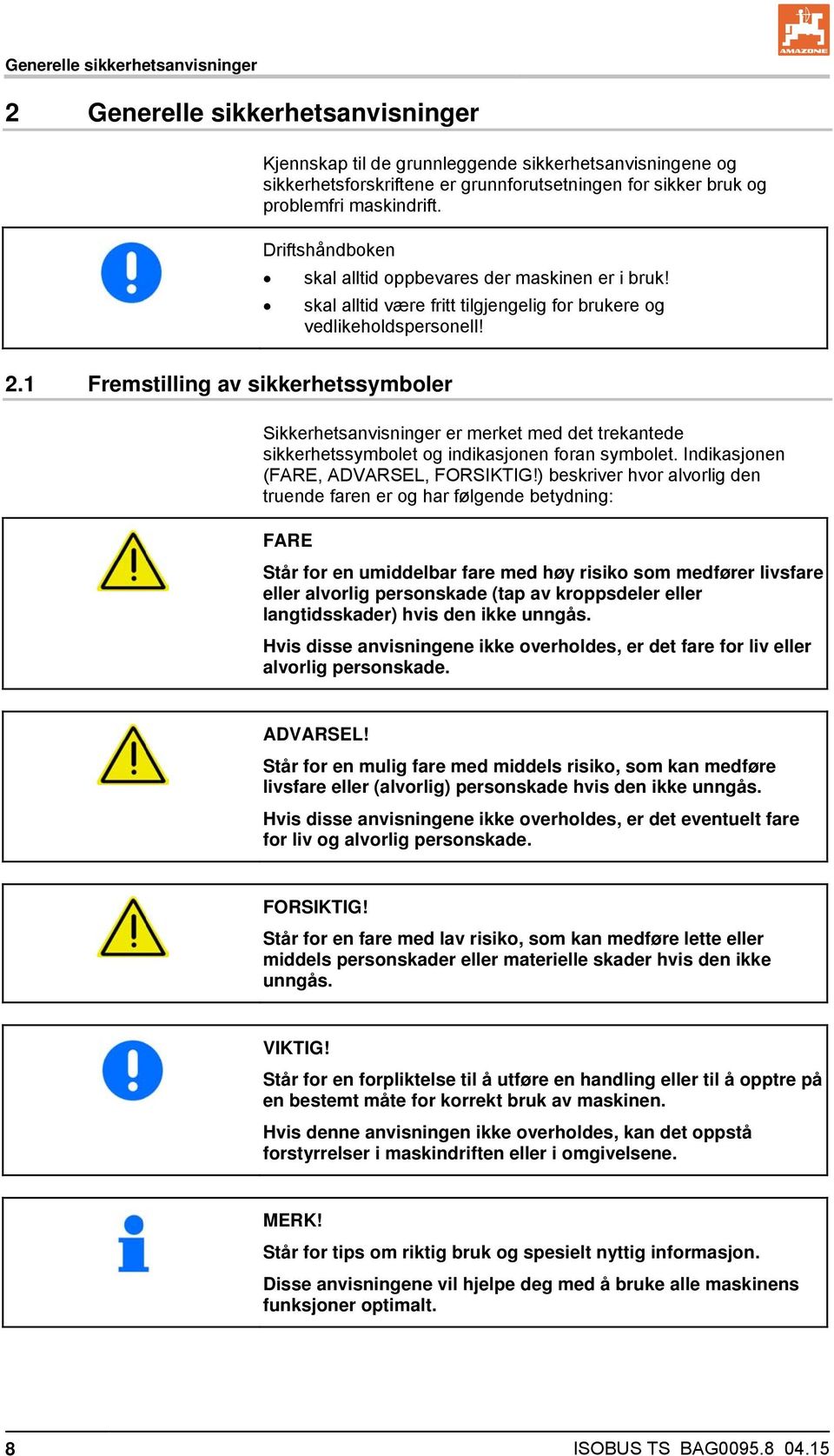 1 Fremstilling av sikkerhetssymboler Sikkerhetsanvisninger er merket med det trekantede sikkerhetssymbolet og indikasjonen foran symbolet. Indikasjonen (FARE, ADVARSEL, FORSIKTIG!