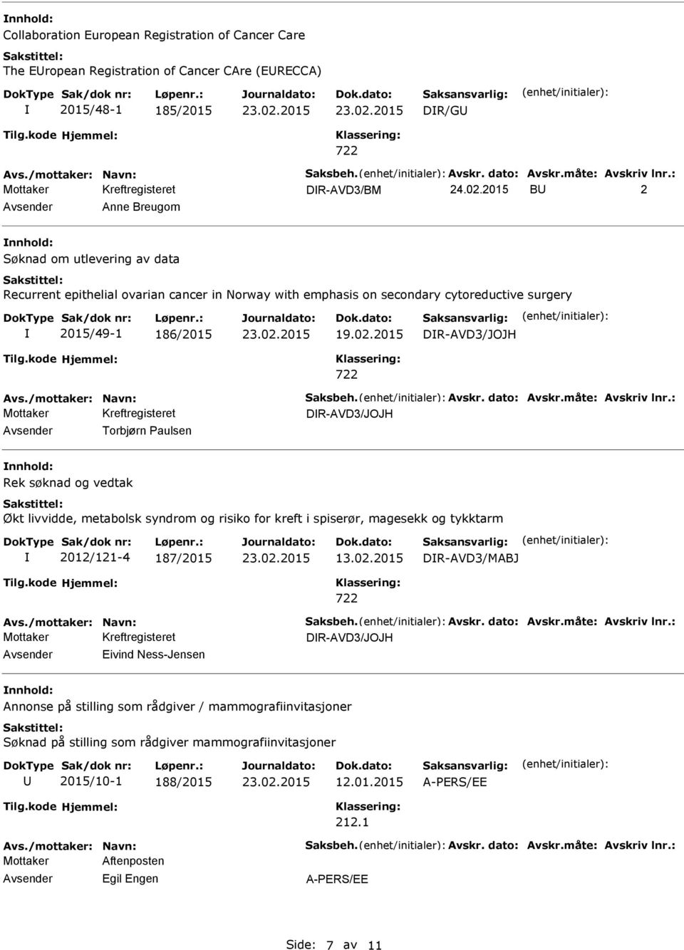 metabolsk syndrom og risiko for kreft i spiserør, magesekk og tykktarm 2012/121-4 187/2015 13.02.