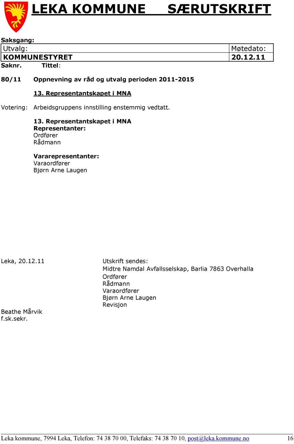 Representantskapet i MNA Representanter: Ordfører Rådmann Vararepresentanter: Varaordfører Bjørn Arne Laugen Leka, 20.12.11 Beathe Mårvik f.sk.sekr.