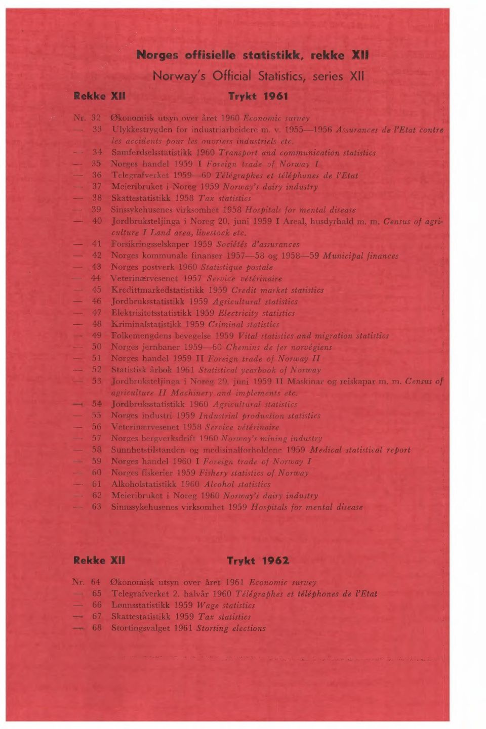 34 Samferdselsstatistikk 960 Transport and communication statistics - 35 Norges handel 959 I Foreign trade of Norway.