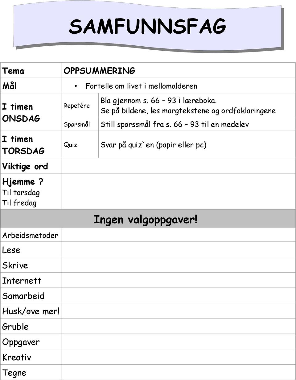 Gruble Oppgaver Kreativ Tegne Repetère Spørsmål Quiz Bla gjennom s. 66 93 i læreboka.