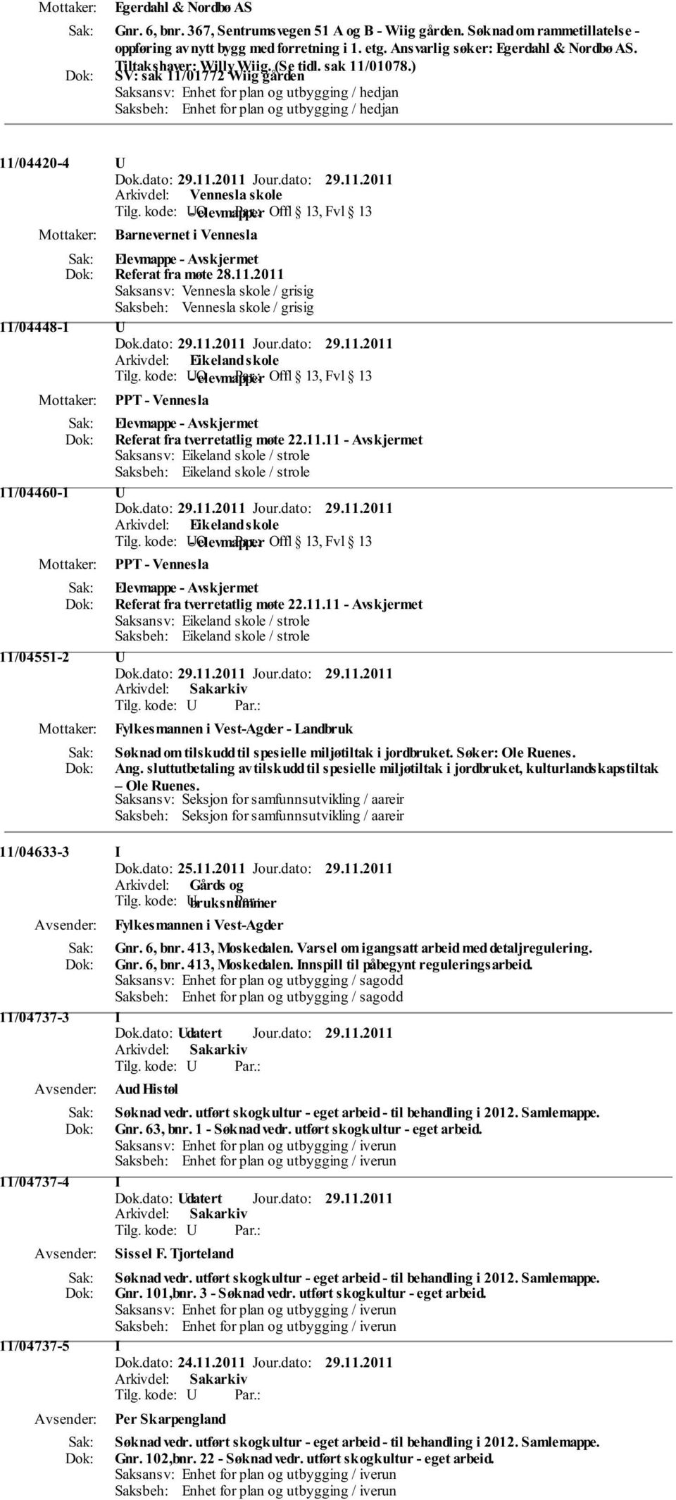 ) SV: sak 11/01772 Wiig gården Saksansv: Enhet for plan og utbygging / hedjan Saksbeh: Enhet for plan og utbygging / hedjan 11/04420-4 U Arkivdel: Vennesla skole Tilg.