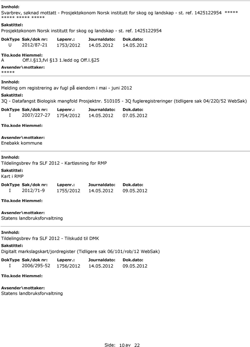 1425122954 2012/87-21 1753/2012 Melding om registrering av fugl på eiendom i mai - juni 2012 3Q - Datafangst Biologisk mangfold Prosjektnr.