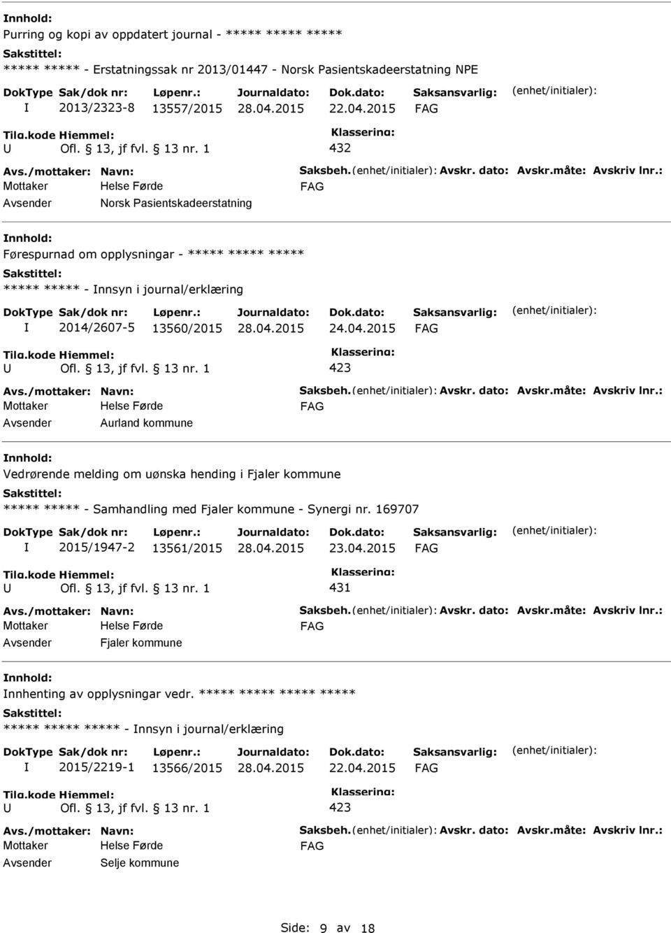 /mottaker: Navn: Saksbeh. Avskr. dato: Avskr.måte: Avskriv lnr.: Aurland kommune Vedrørende melding om uønska hending i Fjaler kommune ***** ***** - Samhandling med Fjaler kommune - Synergi nr.