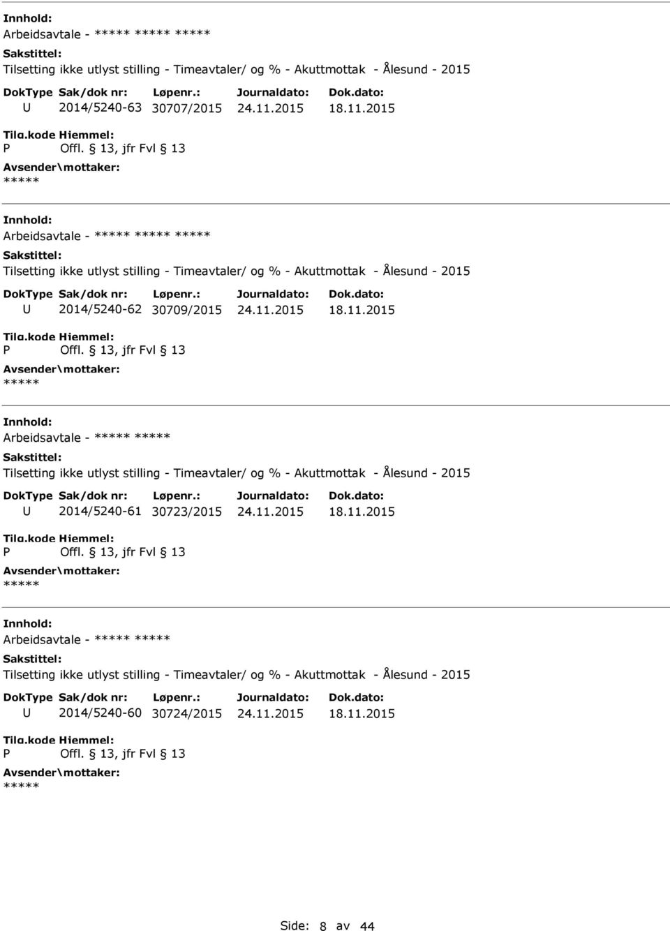 2015 Arbeidsavtale - Tilsetting ikke utlyst stilling - Timeavtaler/ og % - Akuttmottak - Ålesund - 2015 2014/5240-61 30723/2015 18.11.