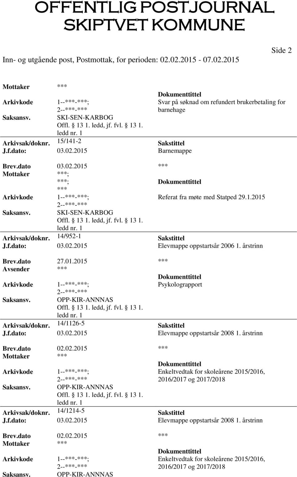 14/1126-5 Sakstittel J.f.dato: 03.02.2015 Elevmappe oppstartsår 2008 1. årstrinn Brev.dato 02.02.2015 *** OPP-KIR-ANNNAS Enkeltvedtak for skoleårene 2015/2016, 2016/2017 og 2017/2018 Arkivsak/doknr.