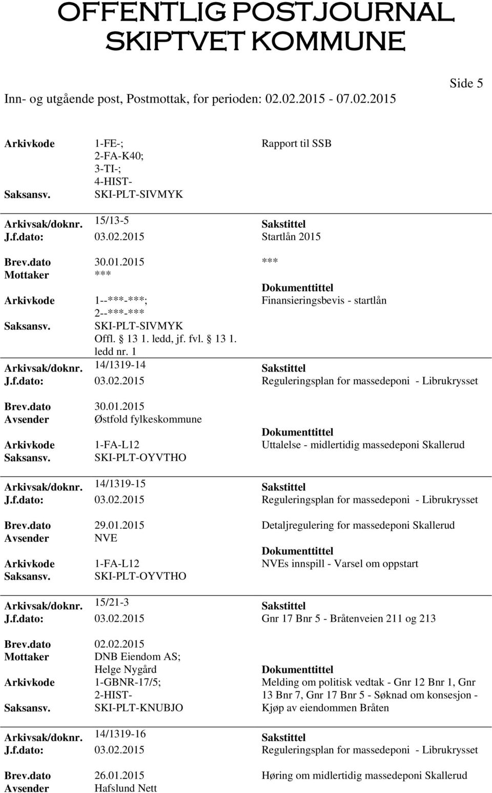 14/1319-15 Sakstittel J.f.dato: 03.02.2015 Reguleringsplan for massedeponi - Librukrysset Brev.dato 29.01.2015 Detaljregulering for massedeponi Skallerud Avsender NVE 1-FA-L12 NVEs innspill - Varsel om oppstart SKI-PLT-OYVTHO Arkivsak/doknr.